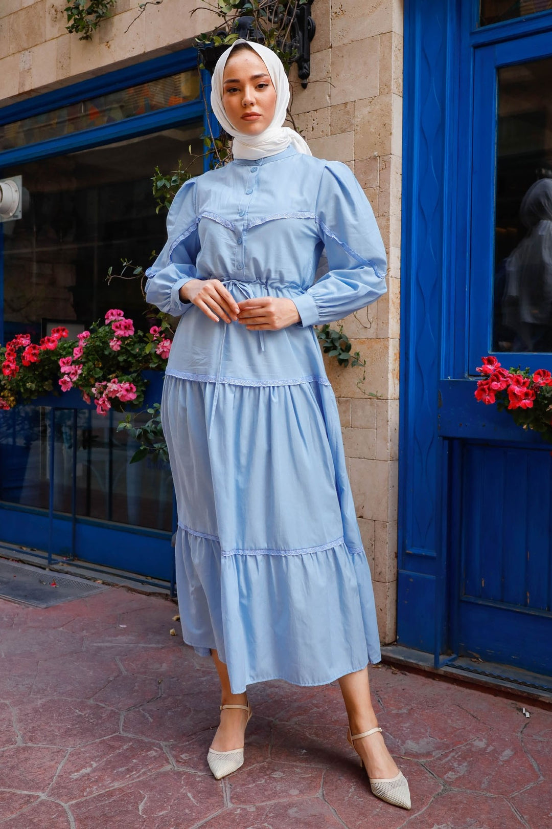 MDS Women Guipure Detail Balloon Sleeve Dress - Baby Blue - Bornheim