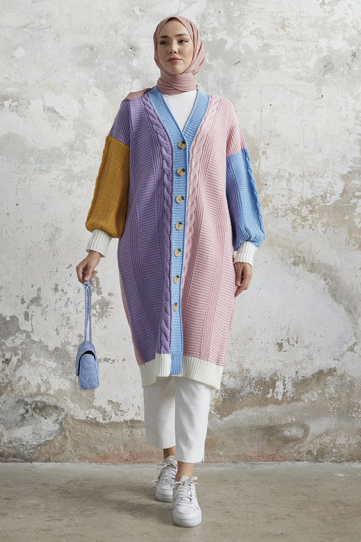 MDS Women Louse Block Colorful Long Knit Cardigan - Powder - Aberdeen