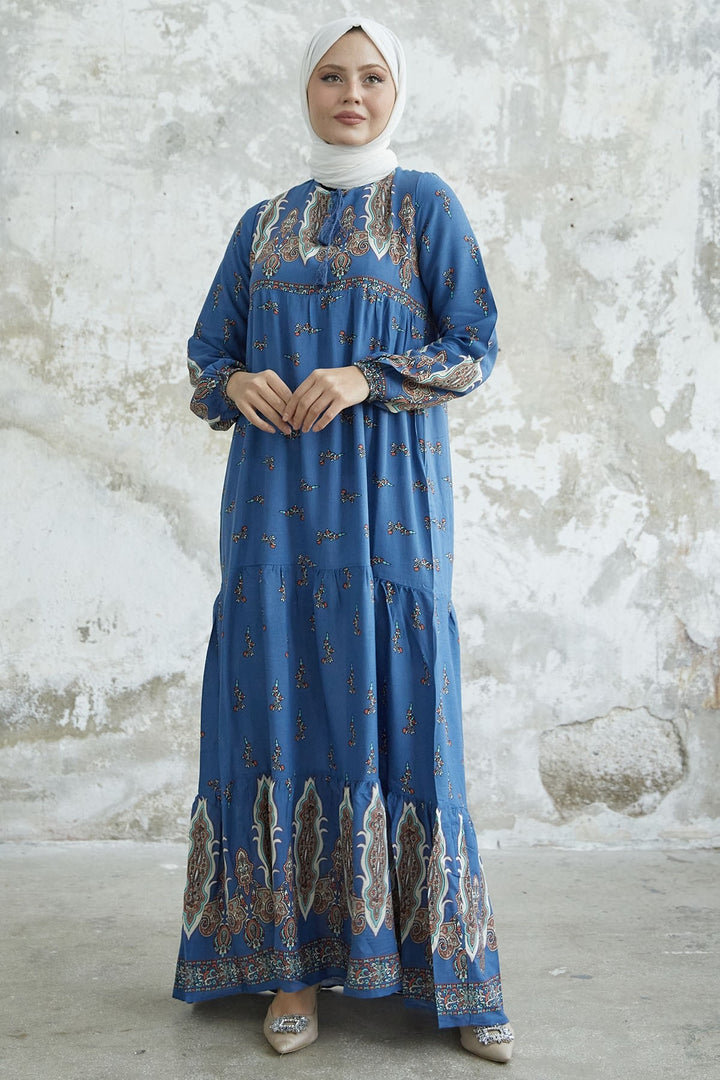 MDS Women Viscose Dress with Tie Collar Pattern - Indigo - Florence-Graham