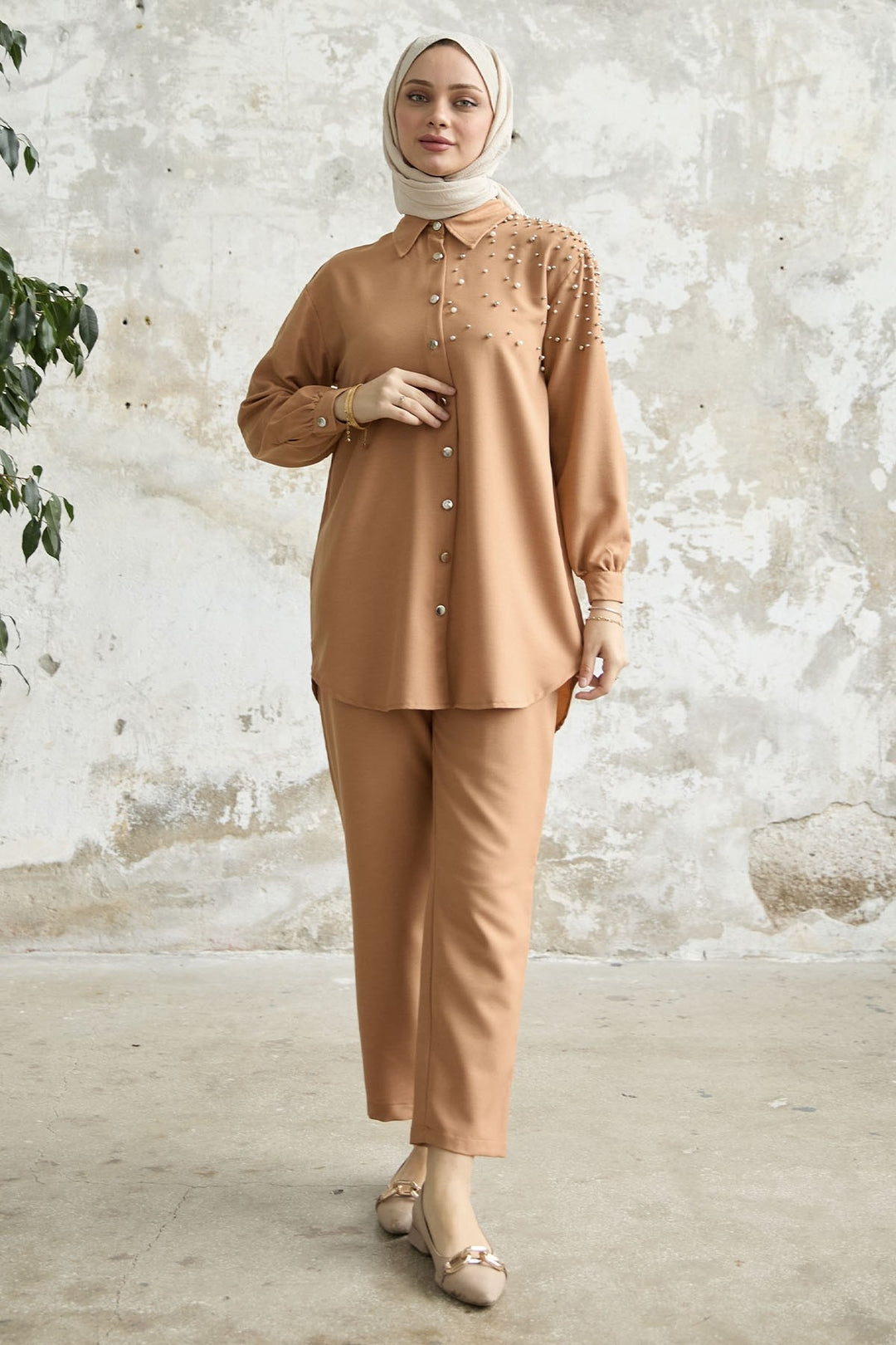 MDS Women Linen Set with Embroidery - Camel - Neuilly-sur-Seine