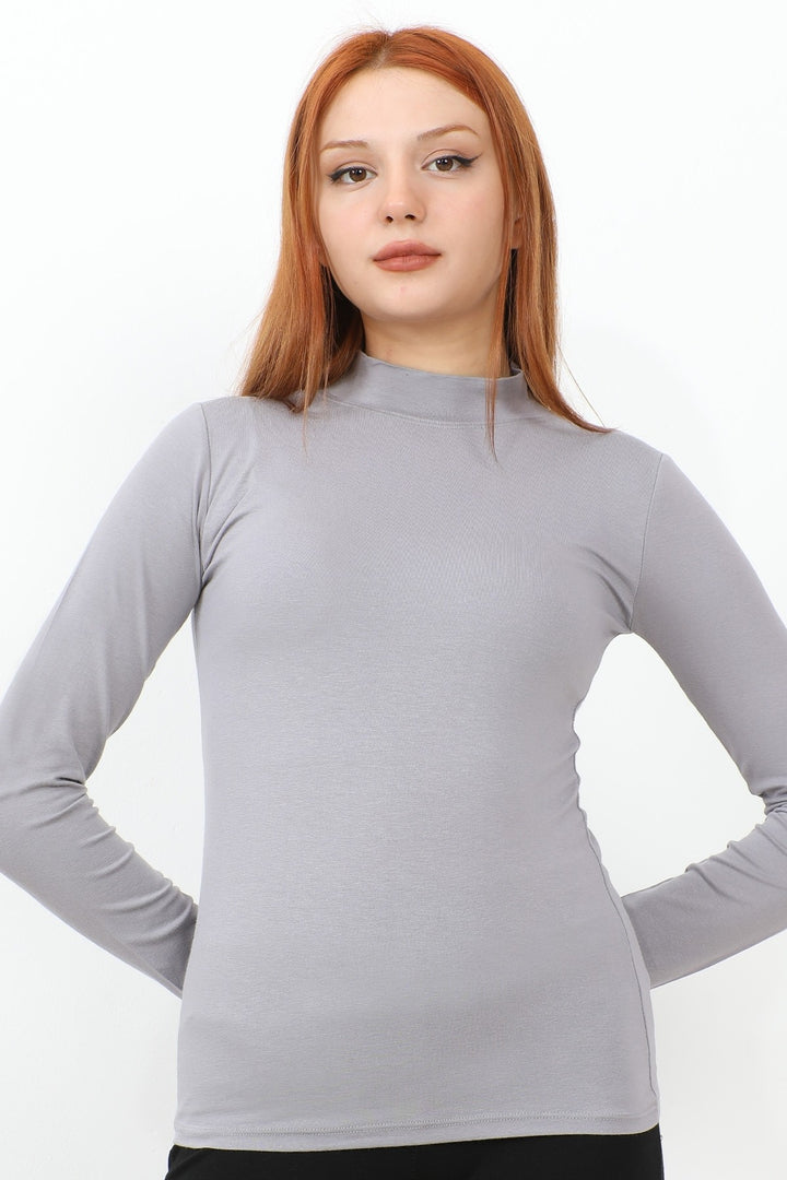 MDS Women Long Sleeve Fisherman Collar Basic Bodysuit - Grey - Wentzville