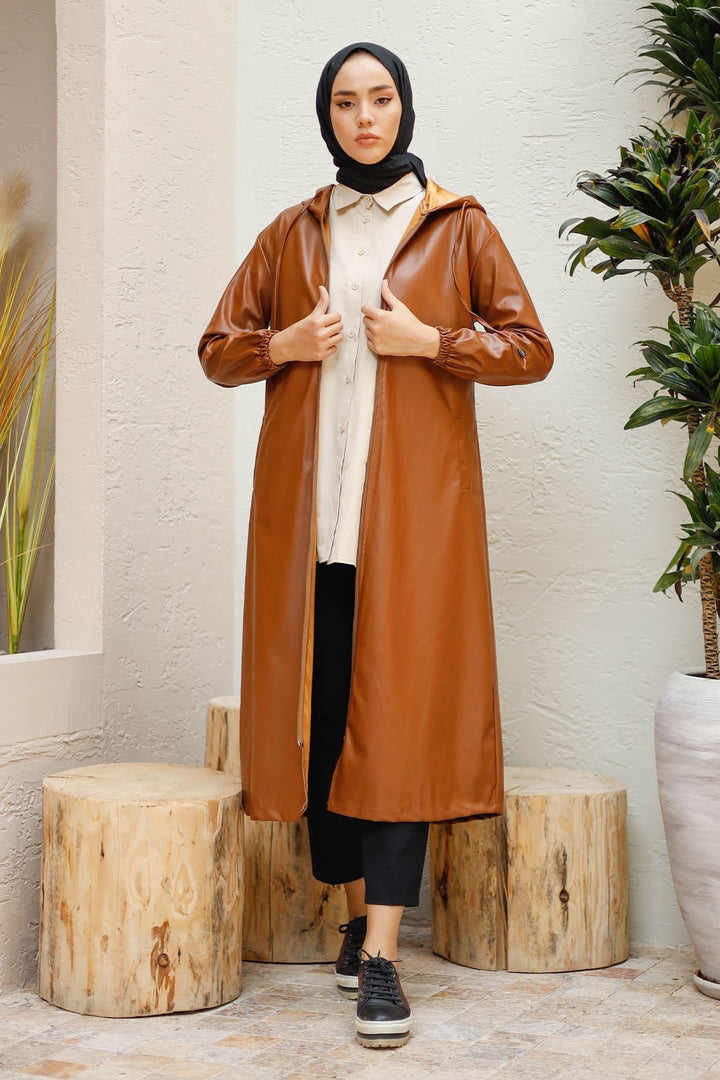 MDS Women Hooded Long Leather Coat - Tan - Olot