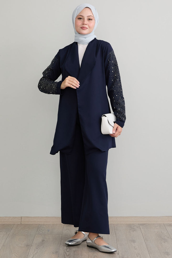 MDS Women Jacketed Pearl Detail Navy Suit - Marburg