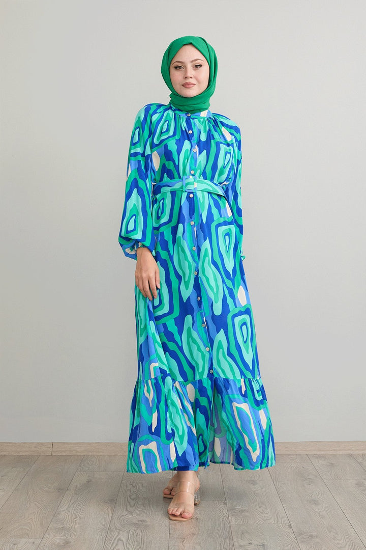 MDS Women Green Viscose Dress with Oval Striped Belt - Rochester Hills
