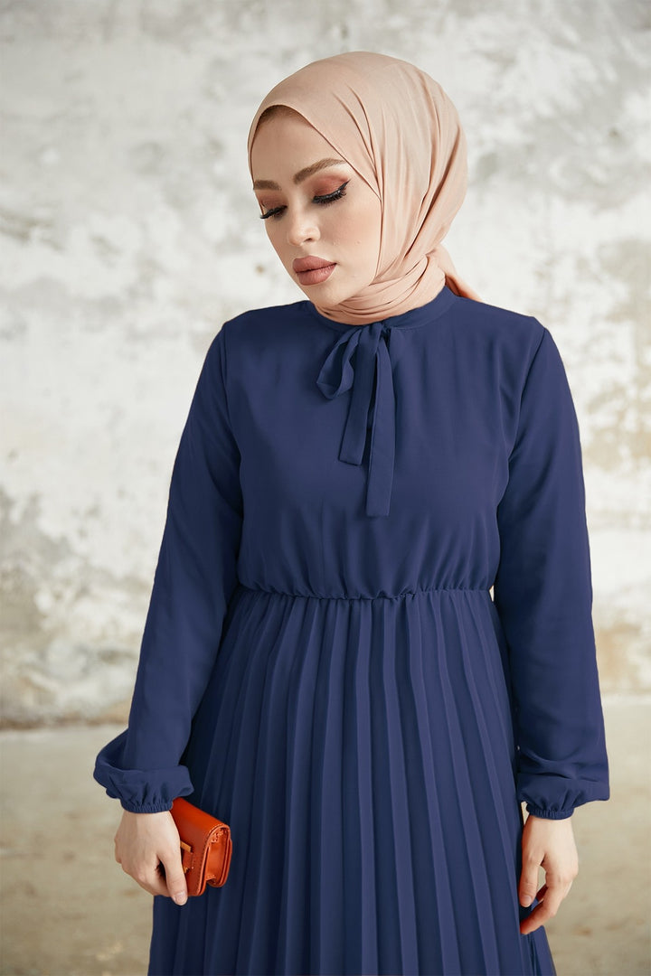 MDS Women Pleated Limelda Chiffon Dress - Navy Blue - Galapagar