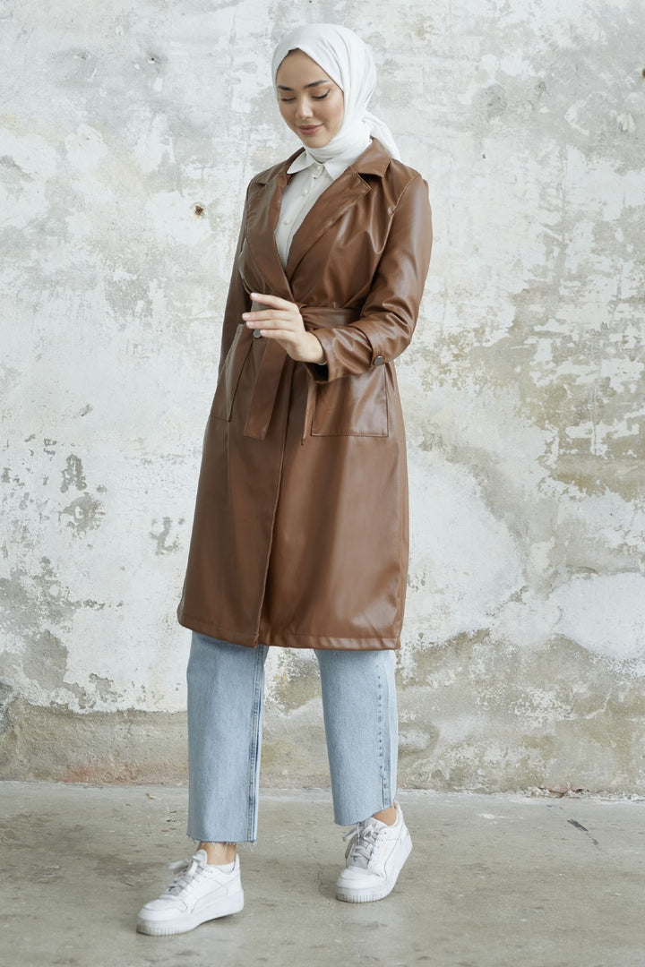 MDS Women Darina Belted Leather Trench Coat - Tan - Trieste