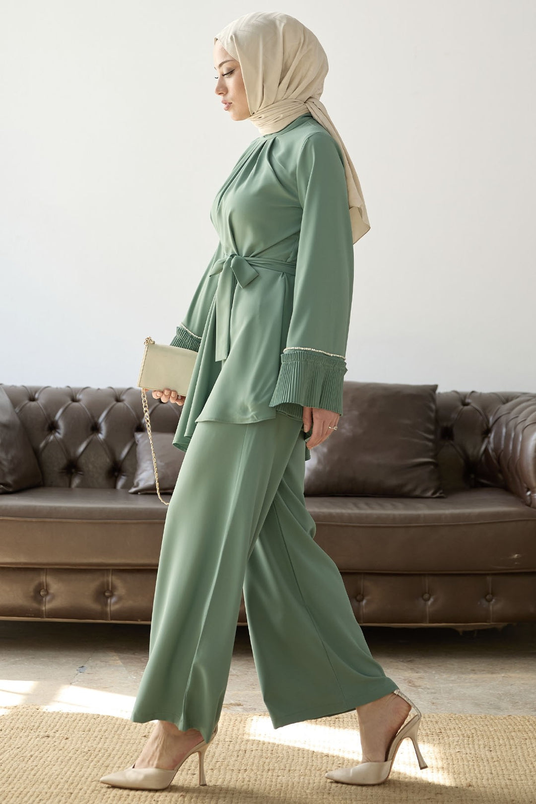 MDS Women Armhole Padded Belted Two Piece Set - Mint - Denver