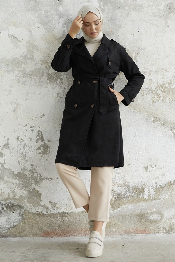 MDS Women Minka Belted Scuba Diving Trench Coat - Black - Peabody
