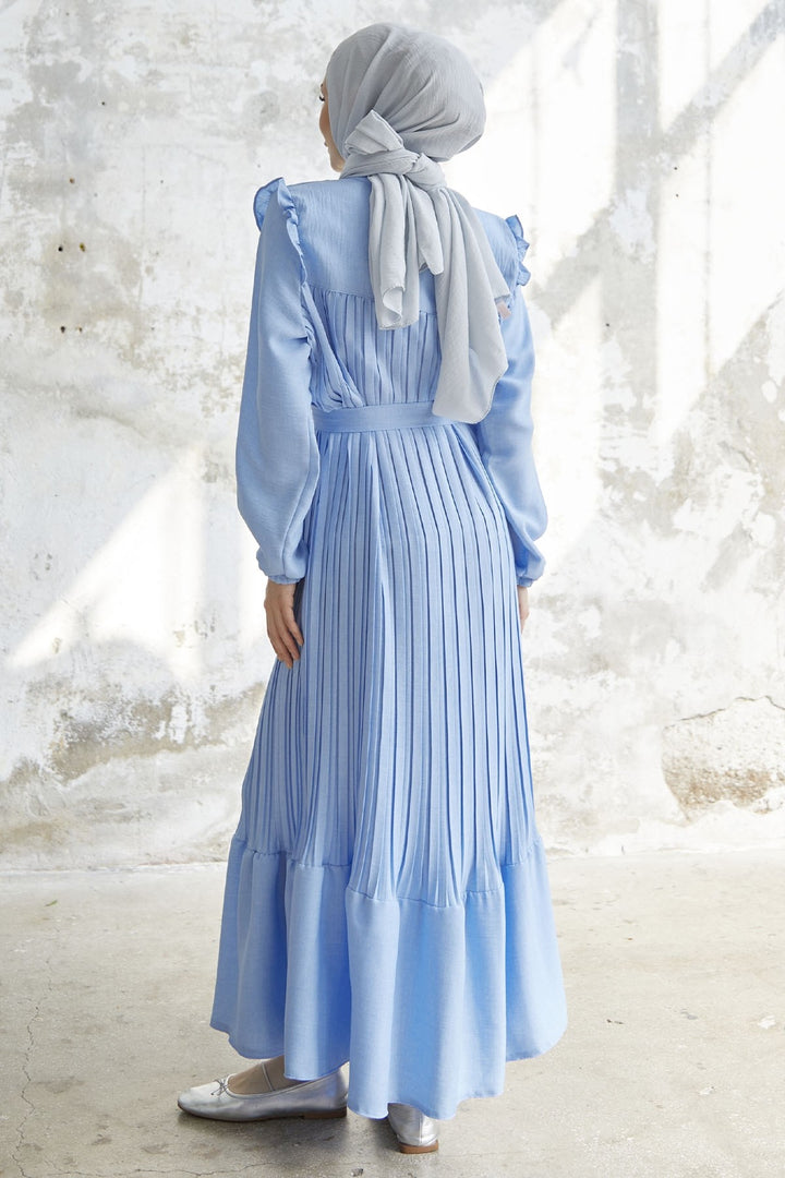 MDS Women Ruffle Trim Linen Dress - Baby Blue - Fairfield