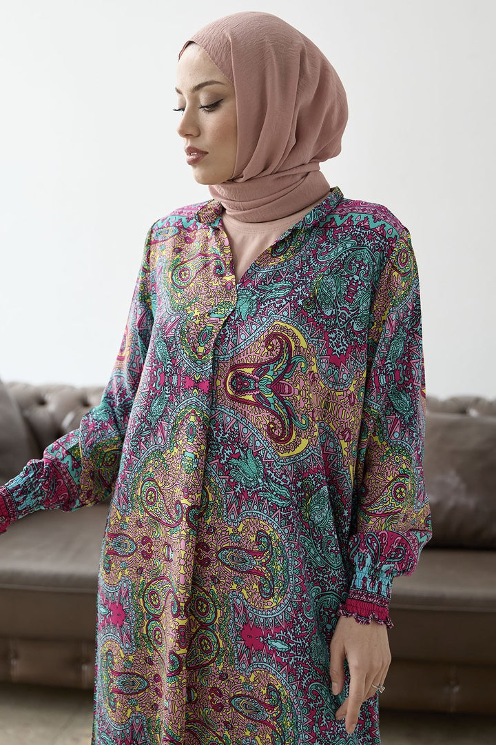 MDS Women Judge Collar Ethnic Pattern Viscose Dress - Fuchsia - Fleet