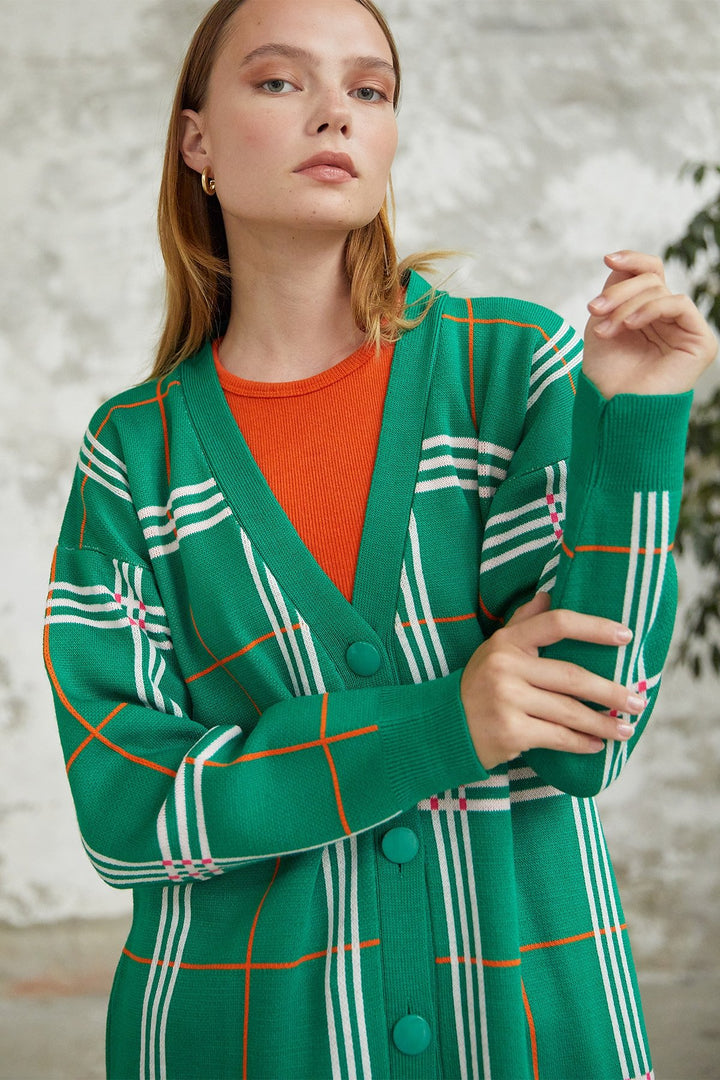 MDS Women Meri Plaid Patterned Cardigan - Green - Sioux City