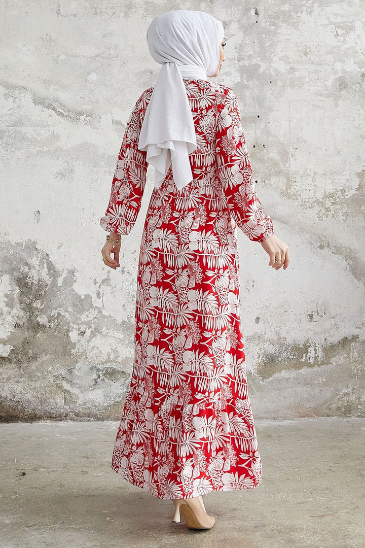 MDS Women Fale Complex Leaf Patterned Viscose Dress - Red - Ensenada