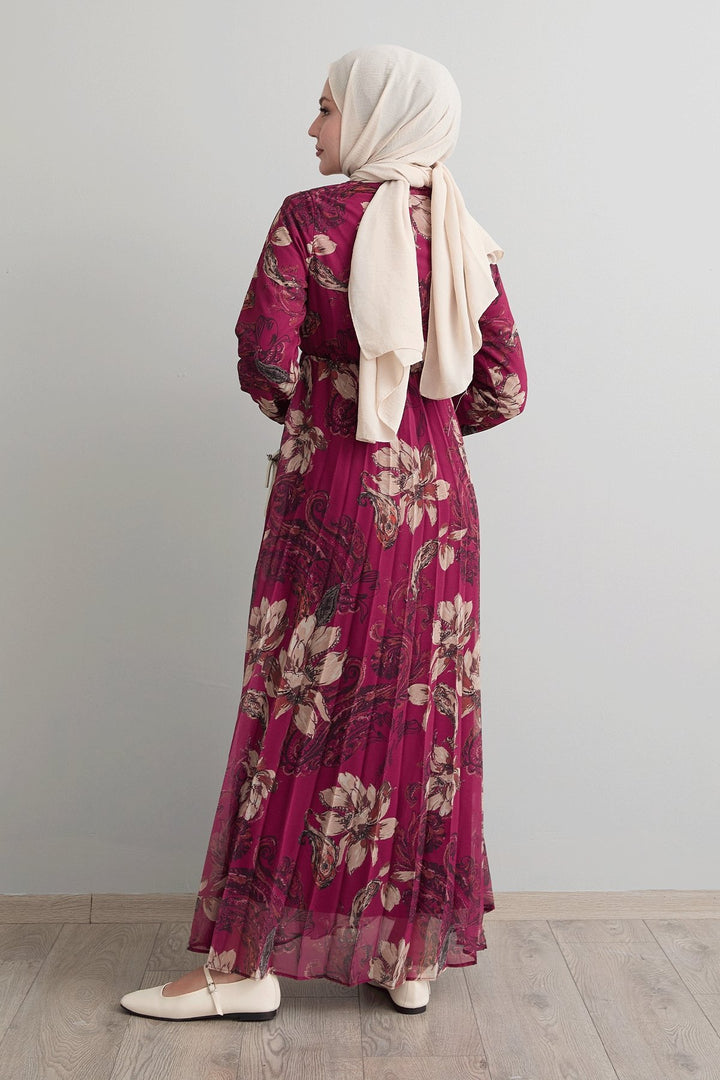MDS Women Serena Flower Patterned Pleated Fuchsia Chiffon Dress - Swindon