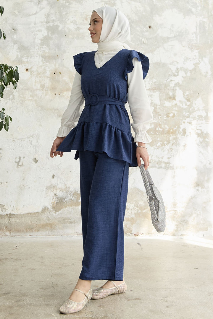 MDS Women Ruffled Shoulder Three Piece Set - Navy - Emsdetten