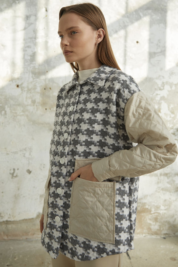 MDS Women Herringbone Pattern Quilted Jacket - Gray - Sant’Eufemia Lamezia