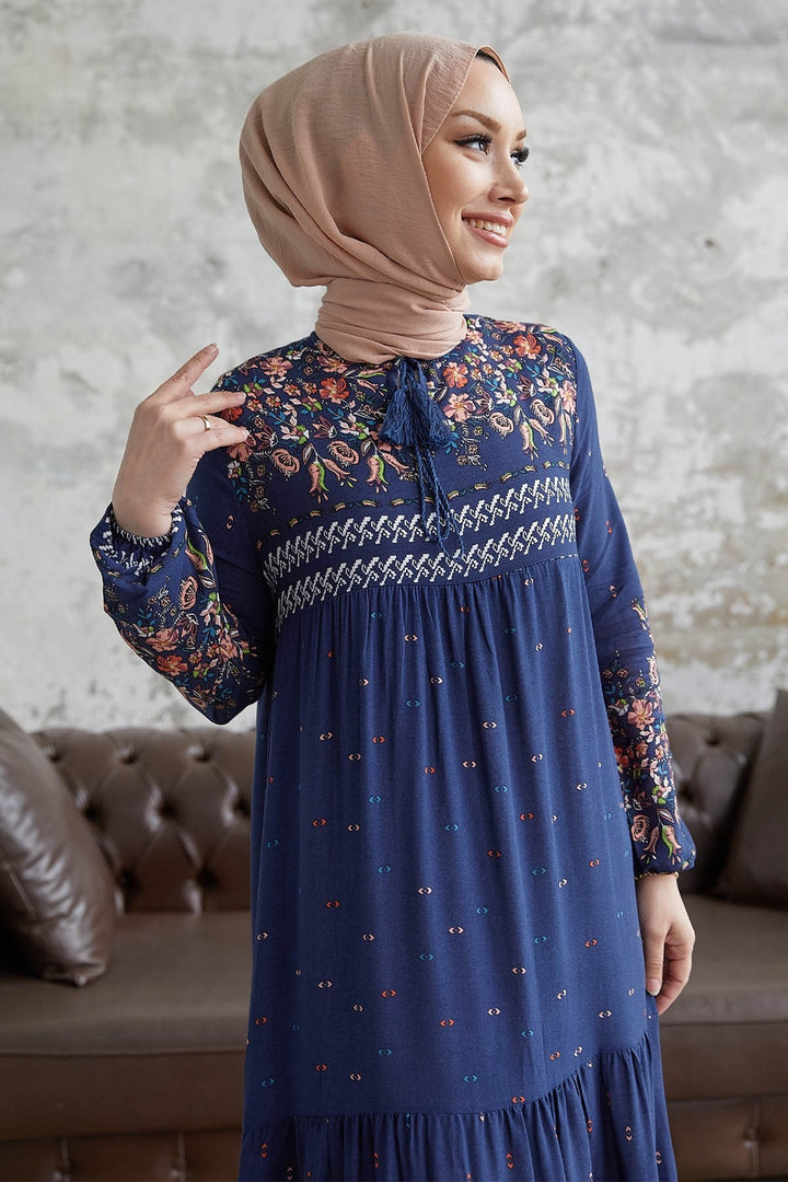 MDS Women Flowy Dress with Watery Pattern - Navy Blue - Land O Lakes