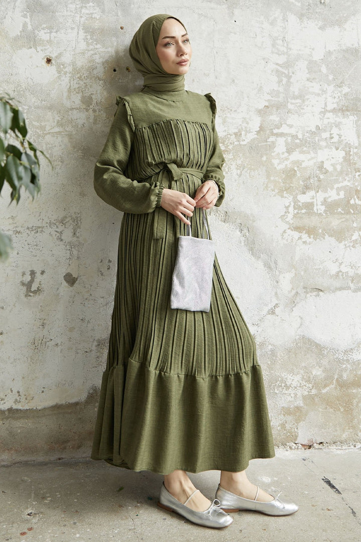 MDS Women Ruffle Trim Linen Dress with Puff Sleeves - Khaki - Manukau City