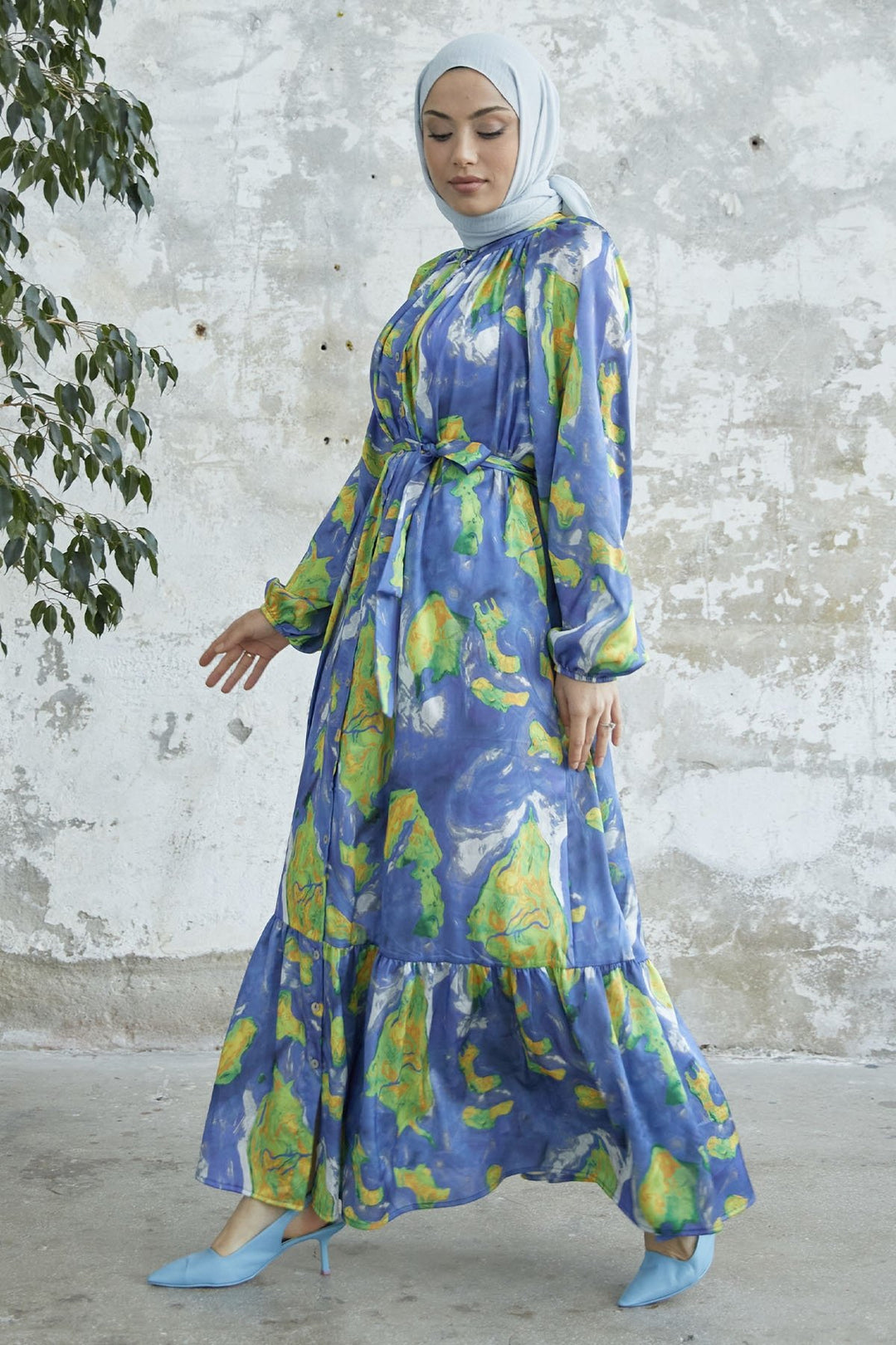 MDS Women Marbled Patterned Satin Dress with Belt - Indigo - Urmston