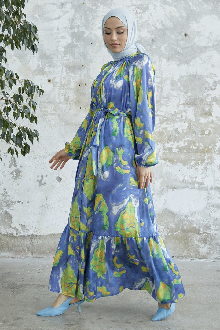 MDS Women Marbled Patterned Satin Dress with Belt - Indigo - Urmston