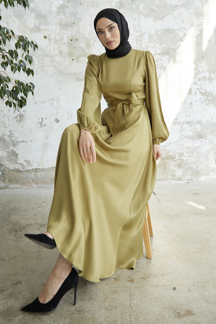 MDS Women Belted Balloon Sleeve Satin Dress - Pistachio Green - Perth