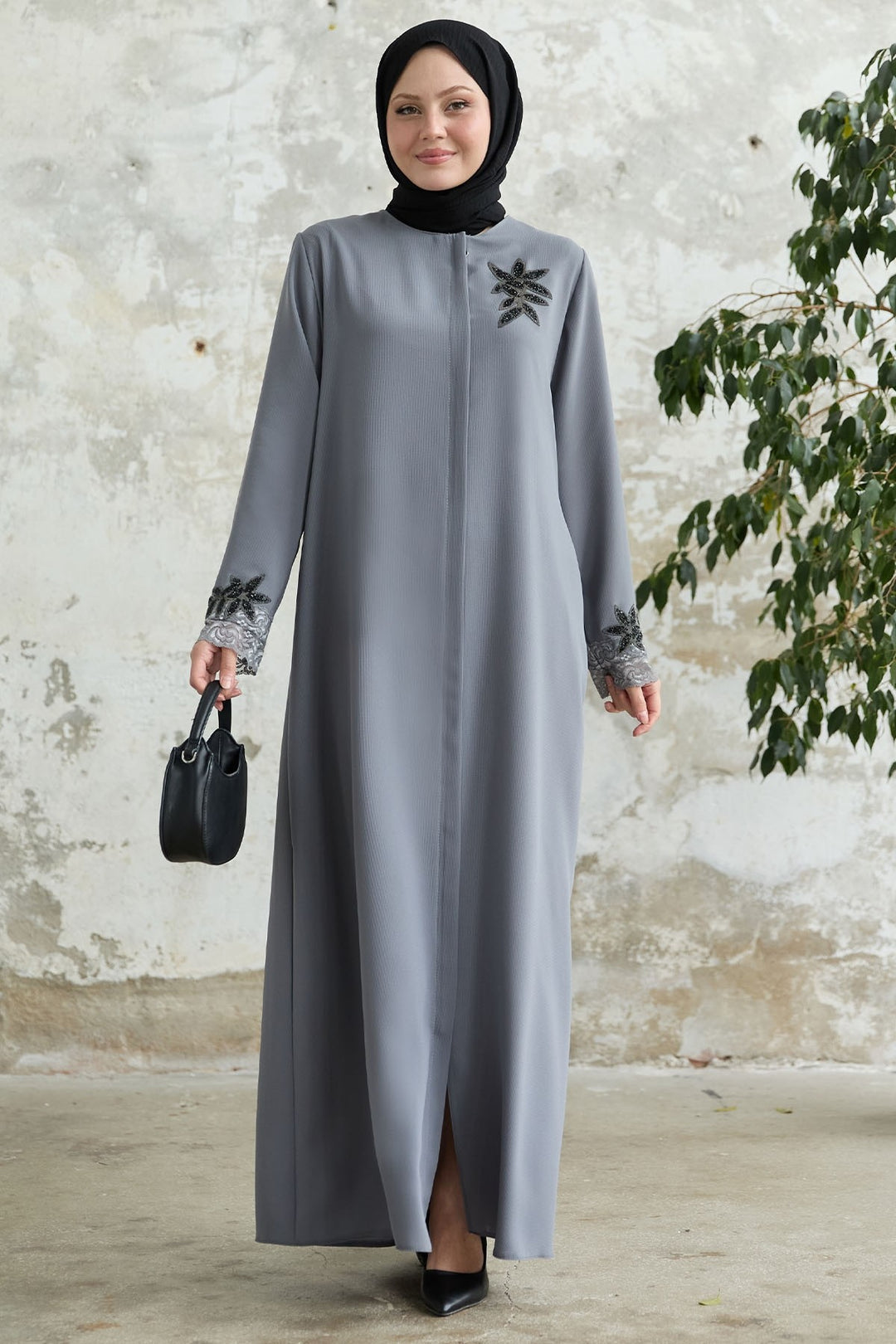 MDS Women Arm Flower Stoned Gray Ferace - Irvington