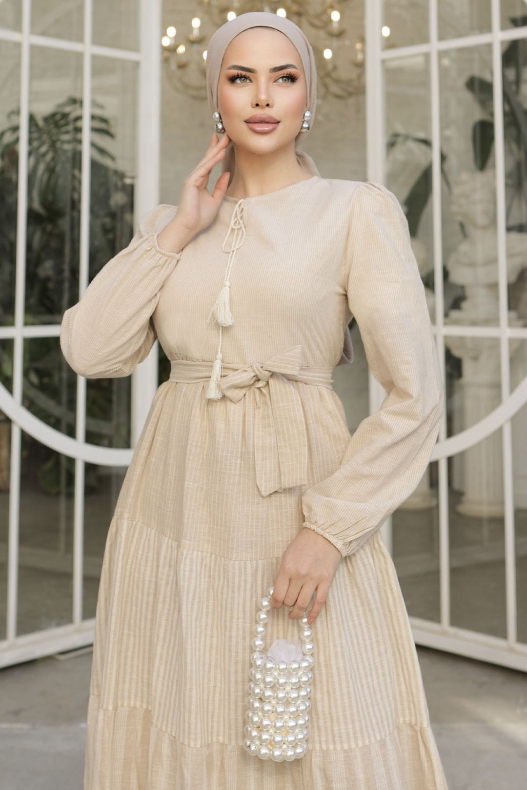 MDS Women Tassel Trim Striped Pattern Dress - Beige - Ahaus