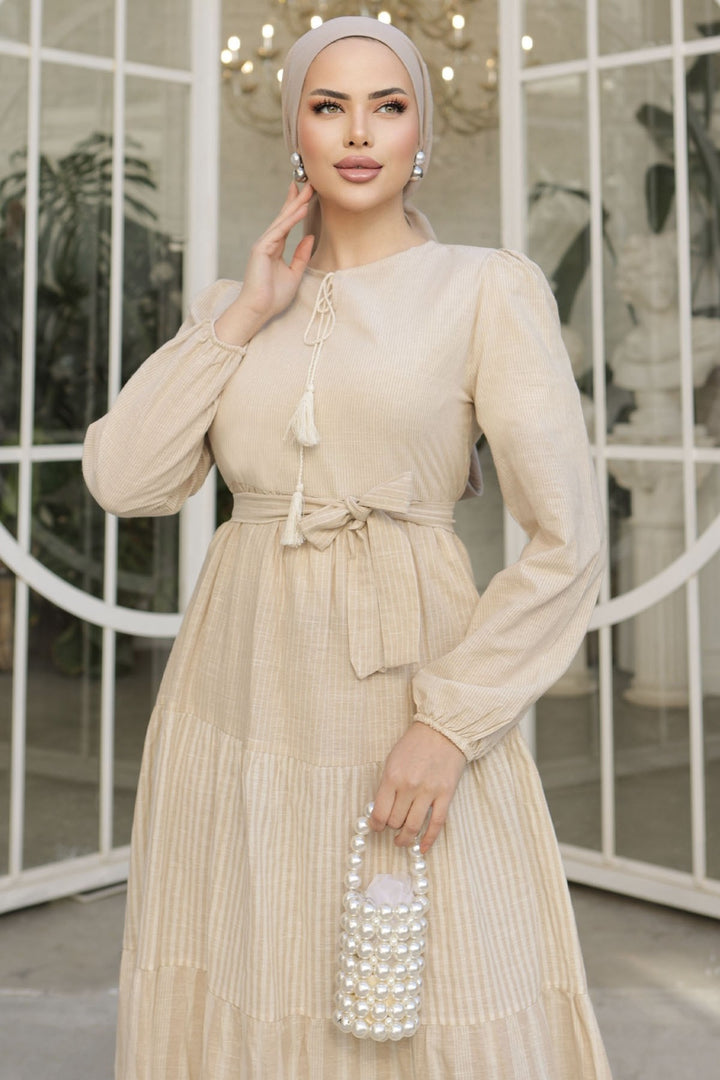 MDS Women Tassel Trim Striped Pattern Dress - Beige - Ahaus
