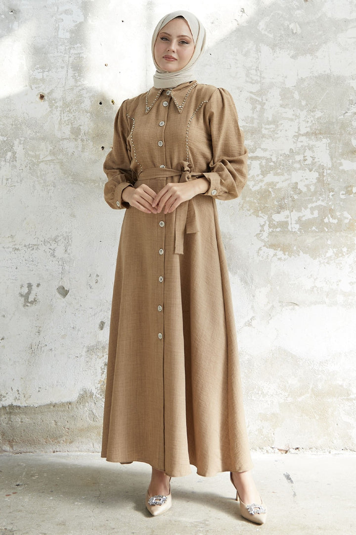 MDS Women Beaded Buttoned Linen Dress - Milky Coffee - Dunstable