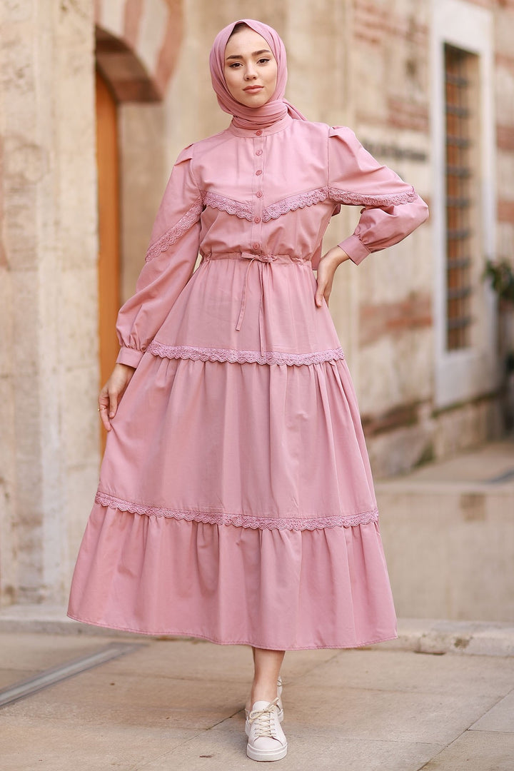 MDS Women Guipure Detail Balloon Sleeve Dress - Rose Pink - Sayreville
