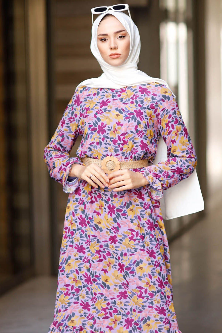 MDS Women Leaf Pattern Chiffon Dress - Lilac - Perpignan