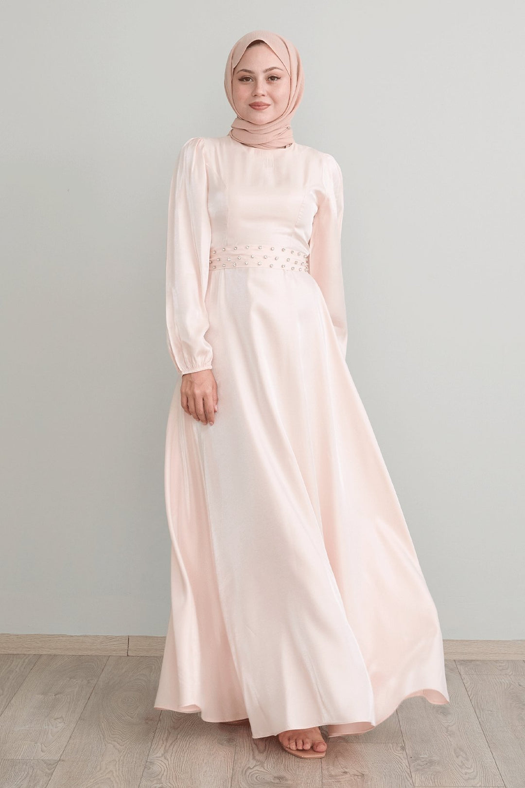 MDS Women Stone Belted Shimmery Powder Satin Dress - Ludwigshafen