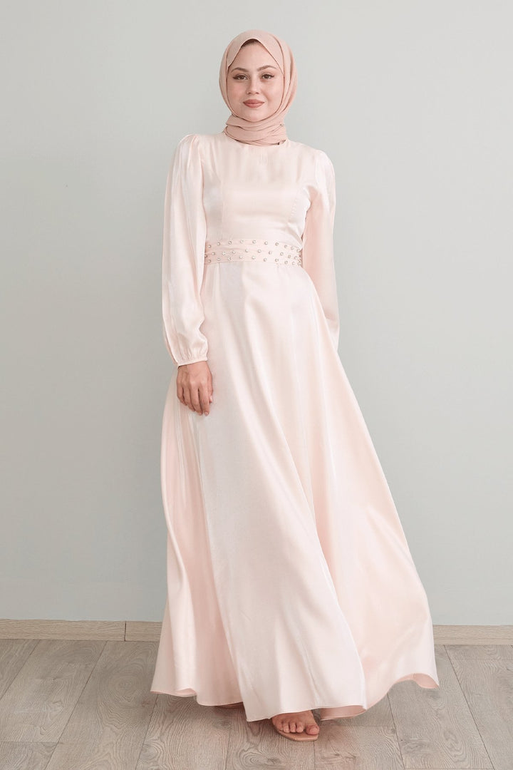 MDS Women Stone Belted Shimmery Powder Satin Dress - Ludwigshafen