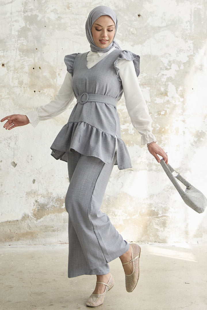 MDS Women Ruffled Shoulder Three Piece Set - Gray - Monterotondo