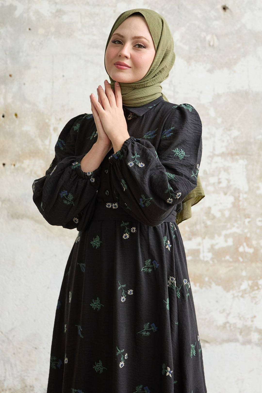 MDS Women Shirt Collar Embroidered Black Dress - Huntersville