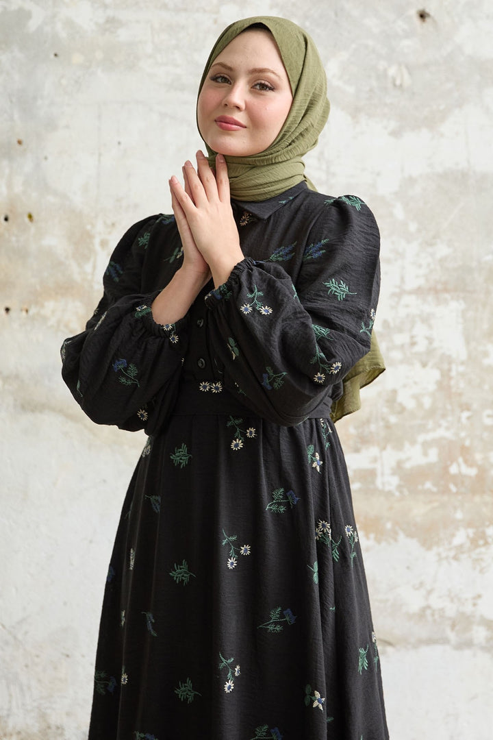 MDS Women Shirt Collar Embroidered Black Dress - Huntersville