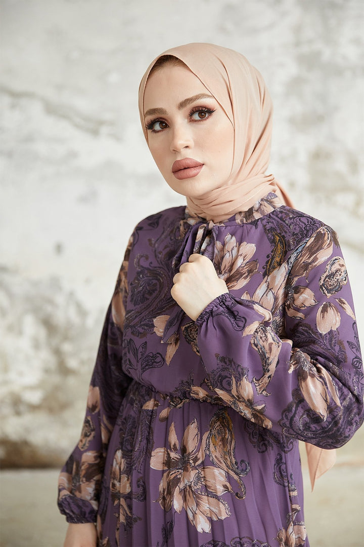 MDS Women Serena Flower Patterned Pleated Chiffon Dress - Purple - Catanzaro