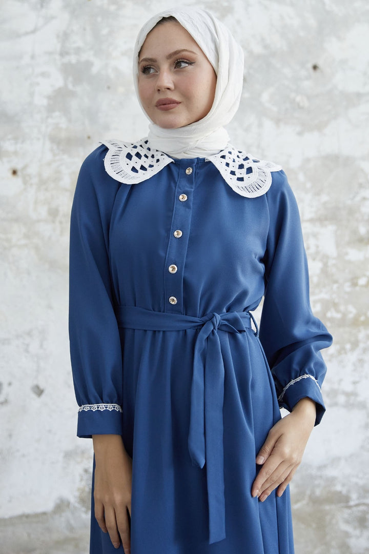MDS Women Baby Collar Belted Dress - Indigo - Perth