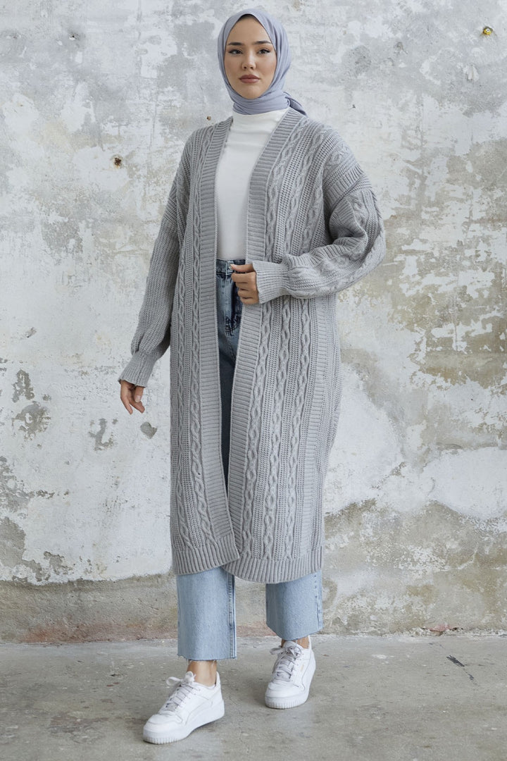 MDS Women Molly Chain Pattern Knit Cardigan - Grey - Herten