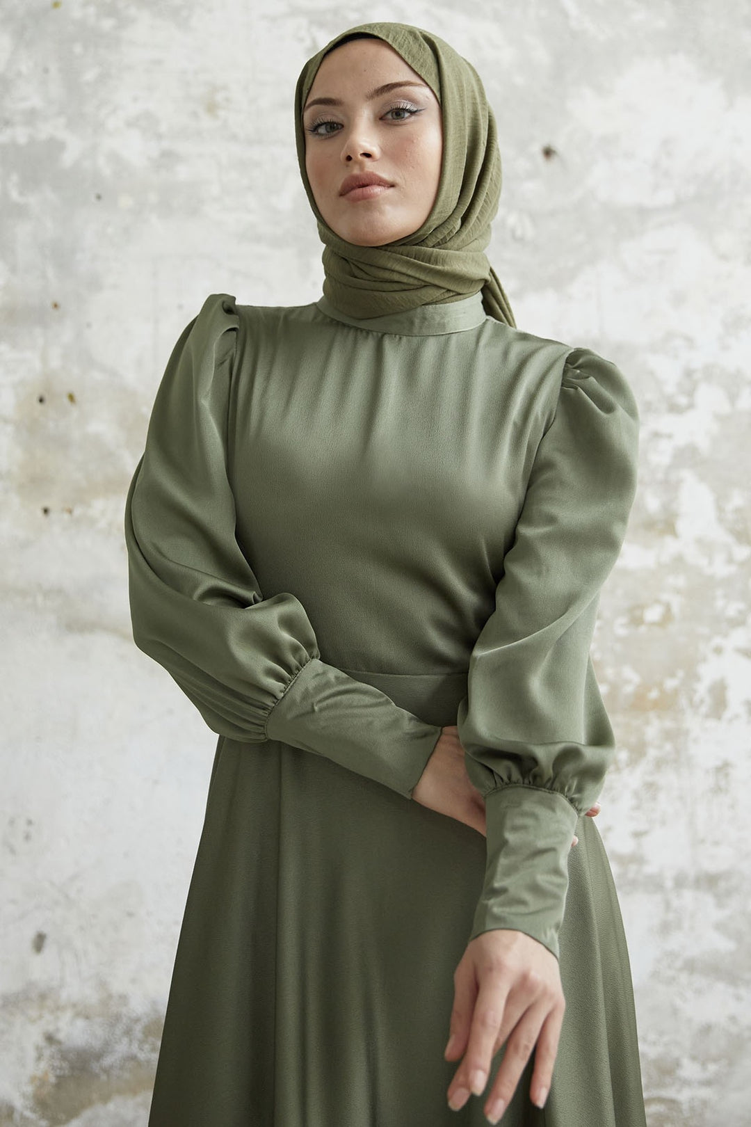 MDS Women Satin Dress with Zipper Sleeve - Khaki - West Fargo