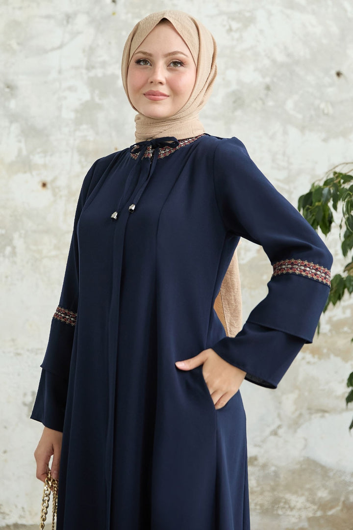 MDS Women Navy Overcoat with Lace Detail Embroidery - Santiago de Compostela