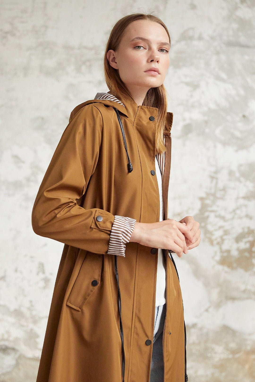 MDS Women Line Pattern Trench Coat - Tan - Jette