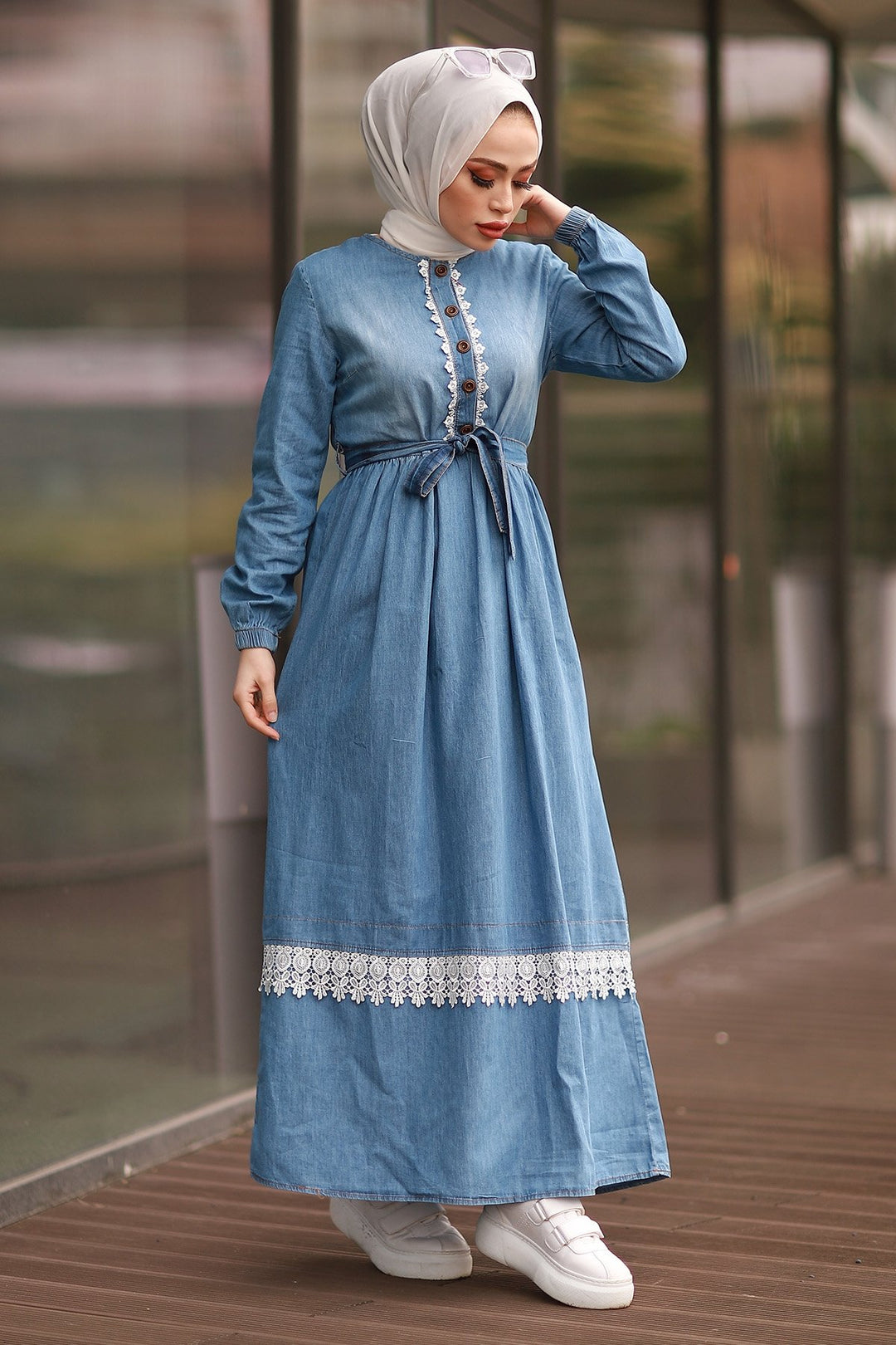 MDS Women Lace Detailed Denim Dress - Light Blue - Lawrence