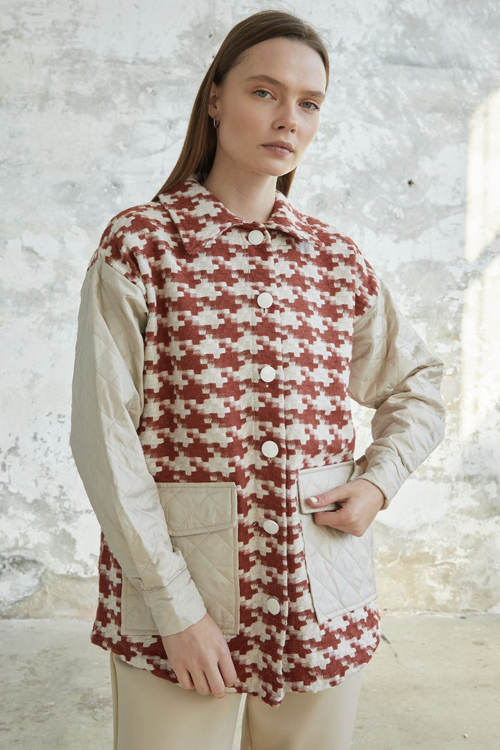 MDS Women Herringbone Pattern Quilted Jacket - Terracotta - Beaumont