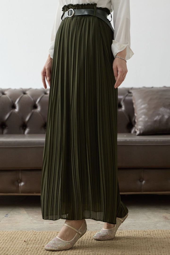 MDS Women Ruched Chiffon Skirt with Belt - Khaki - Dachau