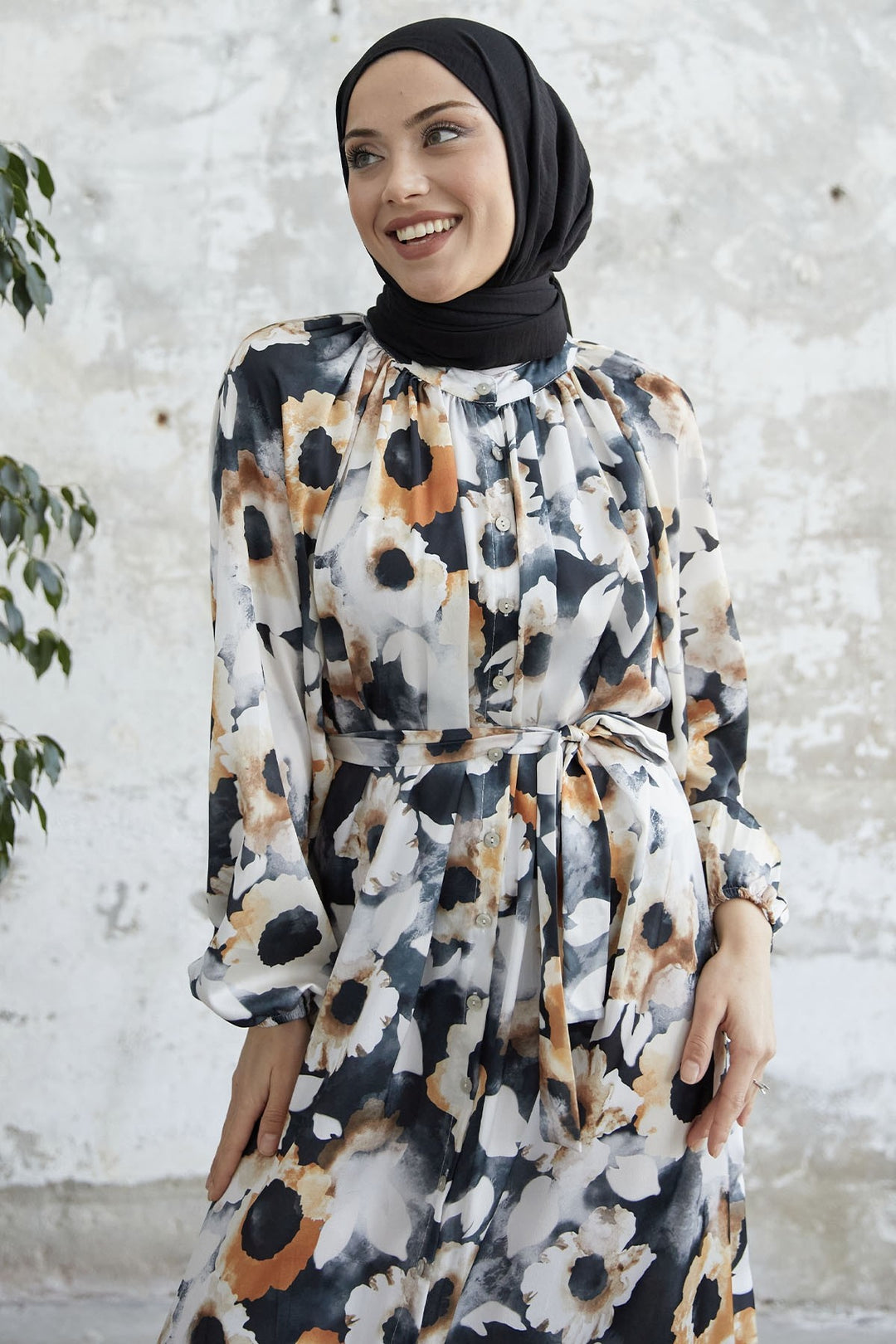 MDS Women Floral Satin Dress with Buttoned Front - Black - Croydon