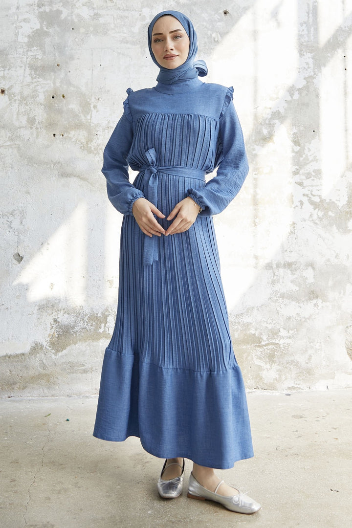 MDS Women Ruffle Trim Linen Dress with Puff Sleeves - Indigo - Goch