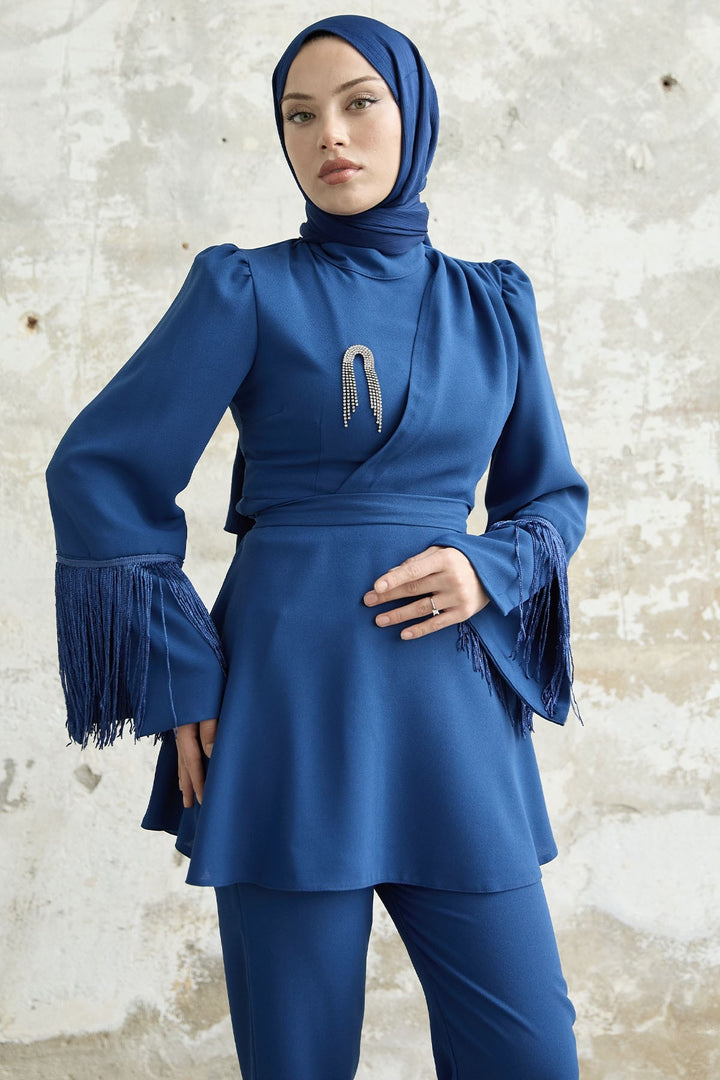 MDS Women Tasseled Sleeve Stone Crepe Set - Cornflower Blue - Lima