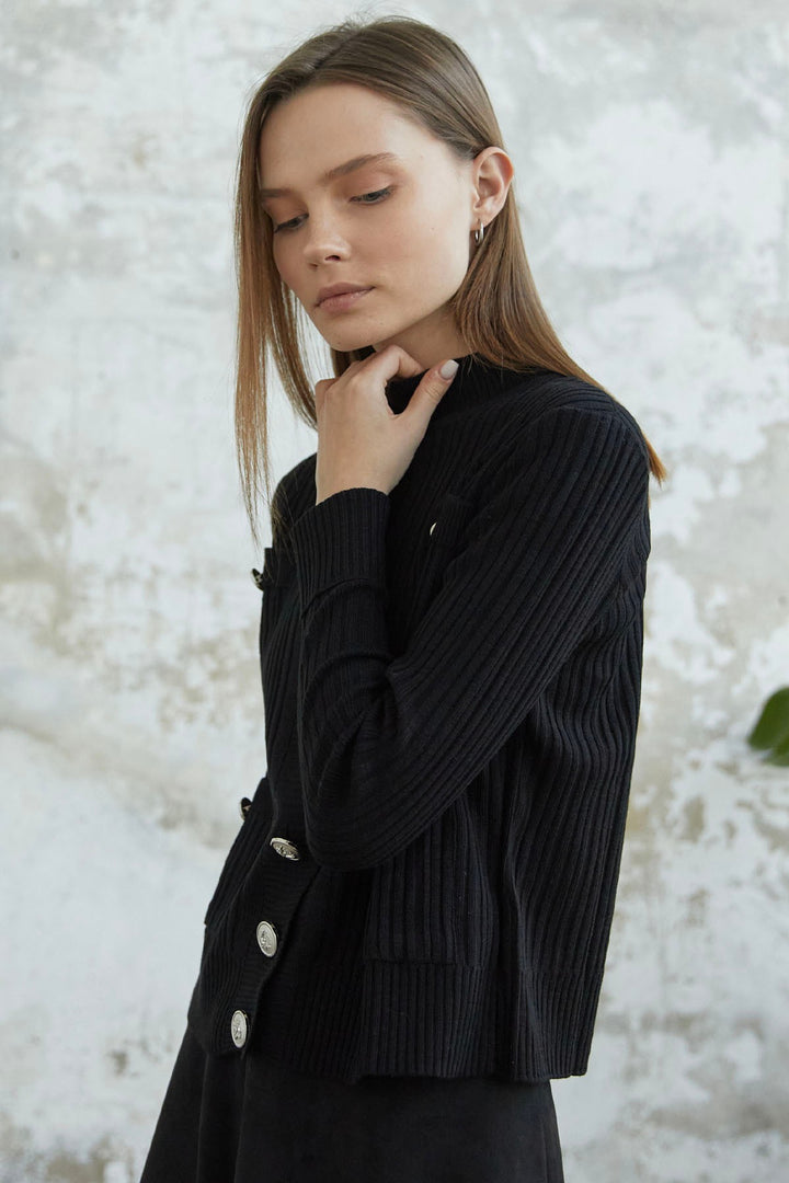 MDS Women Navy Buttoned Short Cardigan - Black - Salzburg