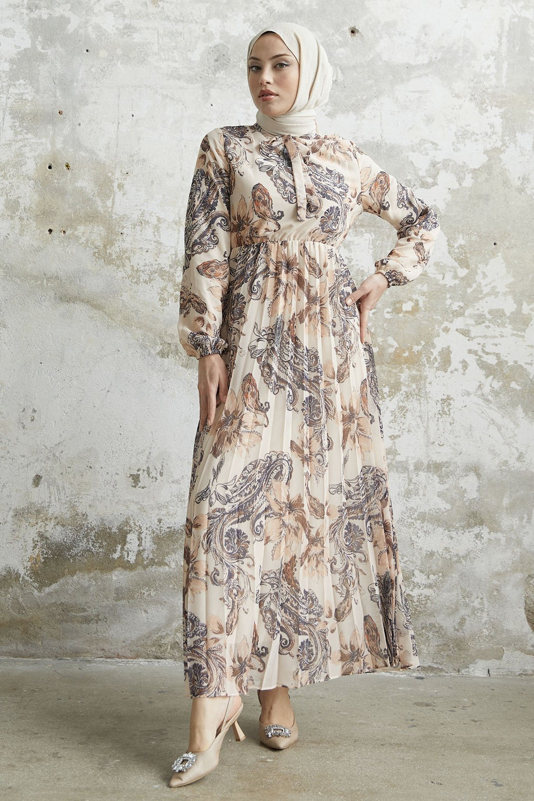 MDS Women Serena Flower Patterned Pleated Chiffon Dress - Ecru - Somerville