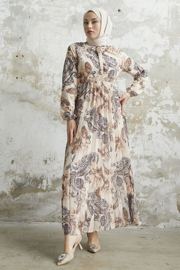 MDS Women Serena Flower Patterned Pleated Chiffon Dress - Ecru - Somerville